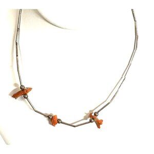 Vintage 1970s Coral Bead Necklace Silver Tube Native Style 16" Retro